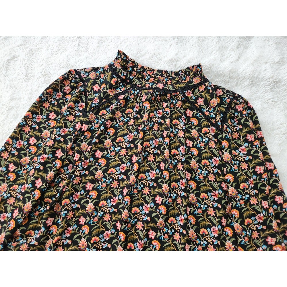 LOFT Womens Blouse Small Black Floral Mock Neck Long Sleeve Bohemian Top